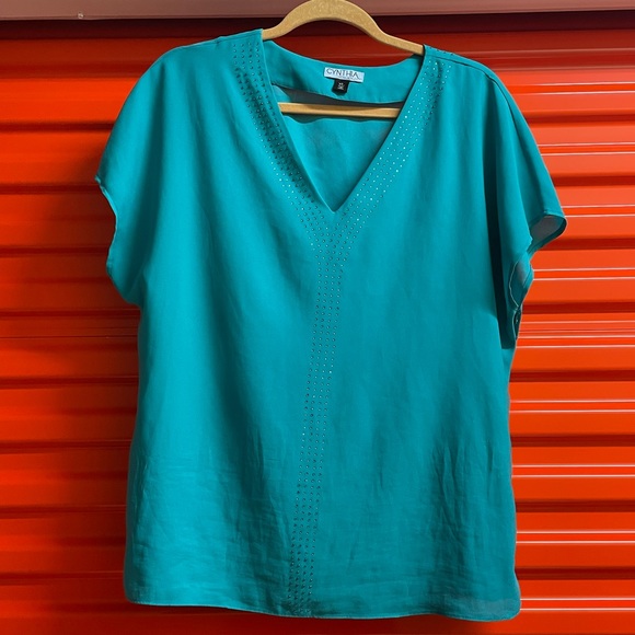 Cynthia Rowley Turquoise Short Sleeve Blouse XL with Gem Detail 💎✨ - Picture 1 of 8